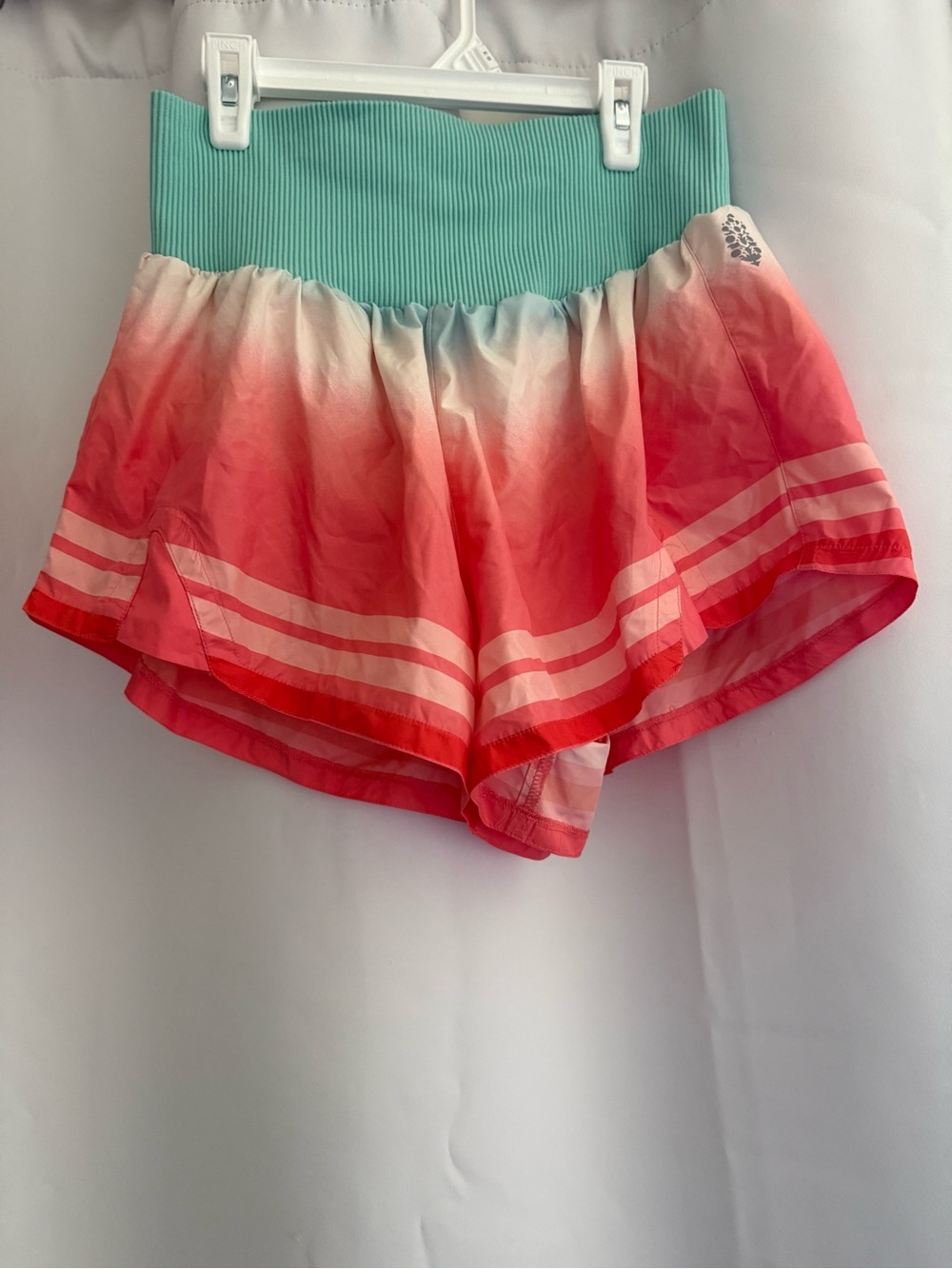 Free People Ombre Coral-to-White Athletic Shorts with Teal Waistband